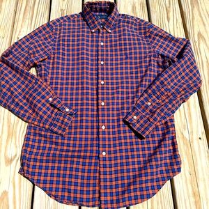 Ralph‎ Lauren Shirt Mens Medium Orange Blue Tartan Plaid Pony Logo College